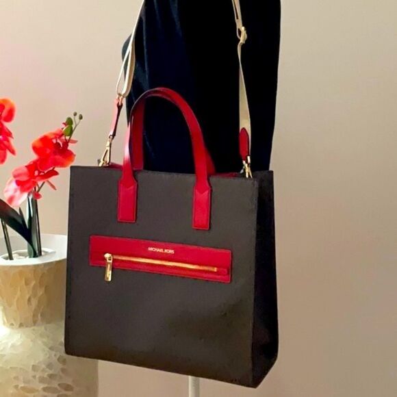 MICHAEL KORS NWT KENLY FLAME RED BROWN SIGNATURE LARGE TOTE CROSSBODY BAG - Picture 8 of 12